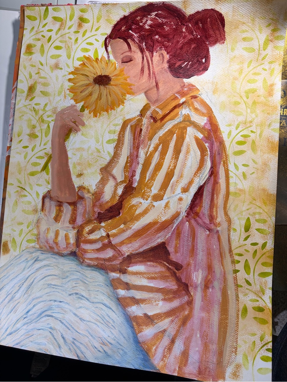 Sunflower Moment - Hand-Painted Woman Portrait in Golden and Cream Tones